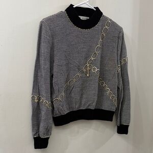 Vintage St. John by Marie Gray-  Black and Gray Striped Sweater - gold key /lock